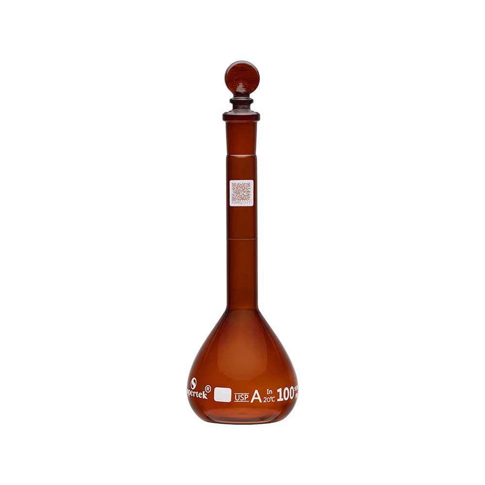 Flask Volumetric Amber, With Interchangeable Glass and Super Stopper™, Class 'A'