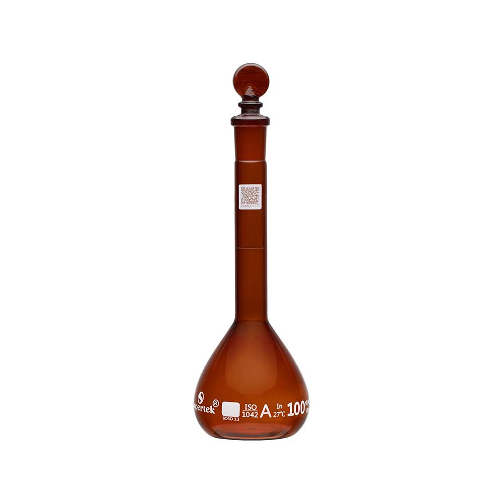 Flask Volumetric Amber, With Interchangeable Glass and Super Stopper™, Class A