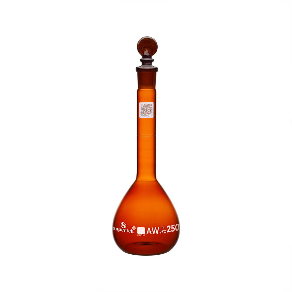 Amber Colour Flask Volumetric, Wide Mouth With Interchangeable Glass and Super Stopper™ Class 'A’